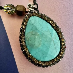 Blue and gold tone beaded long teardrop pendant necklace thumbnail 10