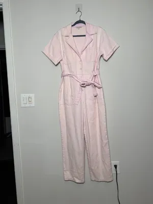 Free People Light Pink Denim Short Sleeve Jumpsuit with Belt thumbnail 2