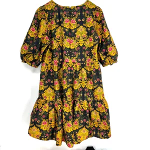 Farm Rio Arabesque Floral Mini Dress Puff Sleeve Tiered Black Yellow Large thumbnail 3
