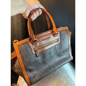 Michael Kors Signature Logo Satchel Brown Leather Trim Crossbody Bag thumbnail 11