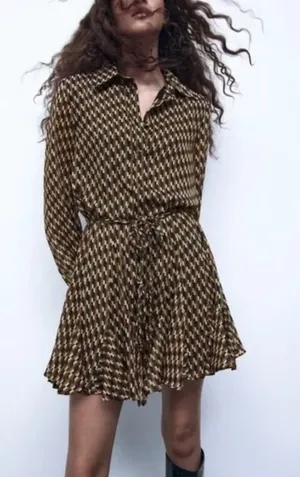 Zara | Dresses | Zara Retro Geo Print brown & Black button down tie dress XS thumbnail 1