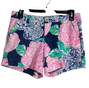 Lilly Pulitzer Callahan Navy Shorts with Pink/Purple Floral Bouquet Print Sz 0 thumbnail 1