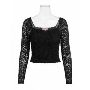 ​Crave Fame Y2K Black Smocked Lace Long Sleeve Notched Neck Boho Top Size XL thumbnail 2
