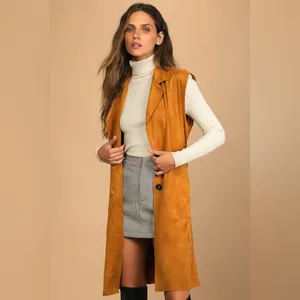 Lulus Brown Brisk Bliss Camel Suede Sleeveless Button‎ Long Trench Coat thumbnail 2