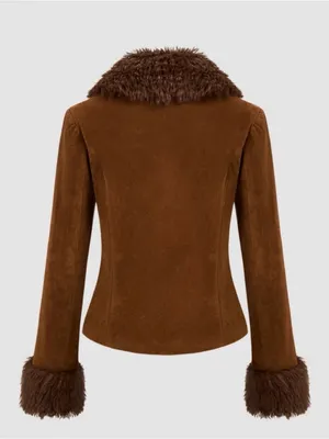 CIDER Brown Faux Suede Penny Lane Jacket - Size Large (EUC, Detachable Fur) thumbnail 6