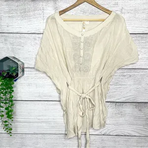 Adiva Cream Embroidered Boho Gauzy Belted Kimono Top Size Medium thumbnail 11