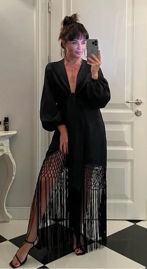 Zara dress midi black linen fringed fringes boho thumbnail 1