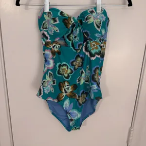 Aerie Green Floral Strapless Padded One Piece Full Coverage Swimsuit EUC thumbnail 3