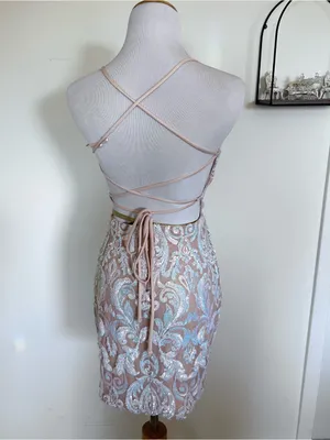 Windsor White & Beige Sequin Open Back Crisscross Tie Mini Dress Size Small thumbnail 2