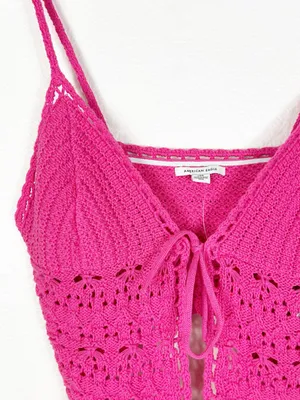 American Eagle cotton crochet knit tie front festival cropped top Y2K size large thumbnail 5