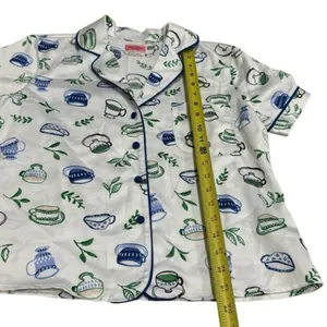 Kate Spade Blue Green Novelty Coffee Print Satin Pajama‎ Top Cozy Feminine XS thumbnail 10