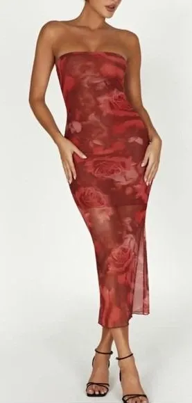 Meshki Aphrodite Strapless Mesh Dress Red Rose Floral Print Midi Bodycon Size M‎ thumbnail 1