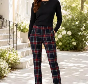 Zara Plaid Straight-Leg Women's Pants in Black & Red thumbnail 2