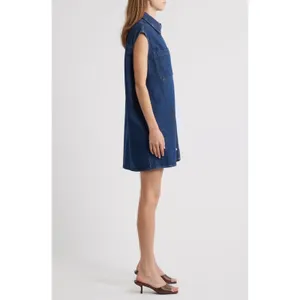 Frame The Sleeveless Denim Mini Shirtdress Shirt Dress in Fault Dark Blue NEW XS thumbnail 3