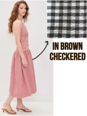 Wayf Brown and White Checkered Halter Midi Dress thumbnail 3