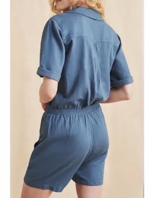 Faherty Arlie Romper Stormy Seas Blue Tencel Linen Button Front Size L thumbnail 3