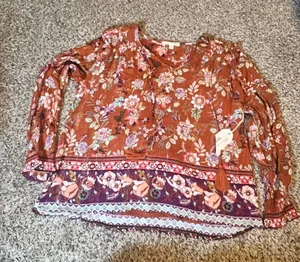 Farmers Market One World Rust Floral‎ Boho Peasant Top Metallic Lurex Tassels L thumbnail 1