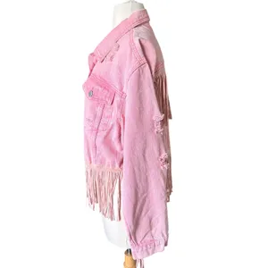 Cropped Pink Distressed Fringe Denim Jean Jacket L Western Cowgirl Festival thumbnail 5