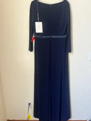 Mac Duggal Navy Long Sleeve Evening Gown with Beaded Waist size 14W thumbnail 12