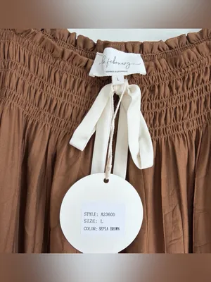 in february Sepia Brown Smocked Babydoll Knee-Length Dress Pockets NWT Size L thumbnail 4