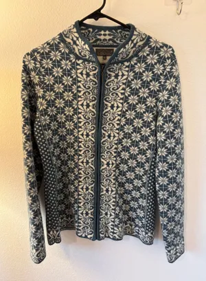 Classic Alpaca Blue White Snowflake Full Zip Cardigan Sweater 100% Alpaca Peru L thumbnail 1