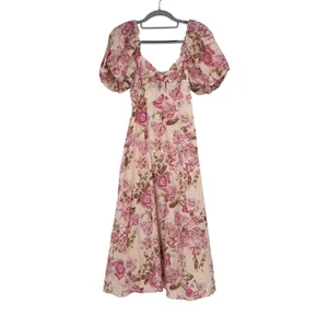 Avec Les Filles‎ Rococo Floral Linen Puff Sleeve Midi Dress Pink Size 2 thumbnail 2