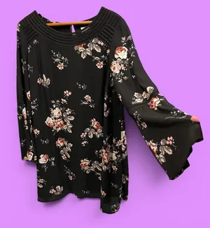 Cute flowy floral bell sleeve lattice trim midi dress Isabel Maternity lined thumbnail 1