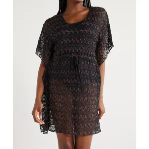 Time and Tru Womens Coverup Black Size XL Crochet Kaftan Short Sleeve V-Neck thumbnail 3