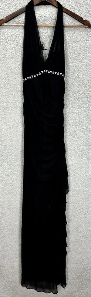 Cache Halter Maxi Dress‎ Womens 2 Black Rhinestone Ruched Y2K Formal Prom Gown thumbnail 1