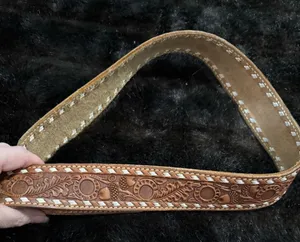 Vintage Tooled Cowhide Belt Tex tan 34” Floral Tan Gold Leather fall acorn leave thumbnail 1