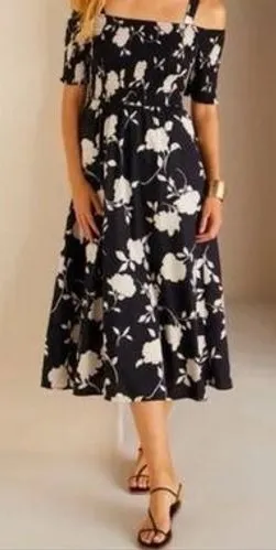 Soft Surroundings Black White Floral Smocked Cold Shoulder Midi Dress Size 2X thumbnail 1