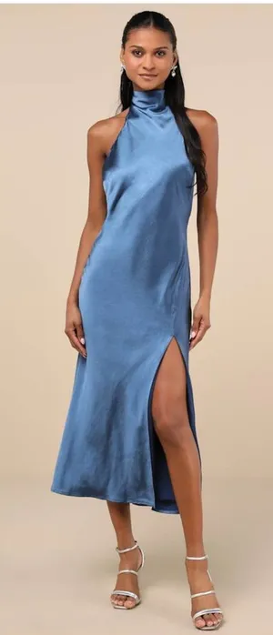 Lulus Exceptional Status Blue Halter Backless Slip Midi Dress thumbnail 1