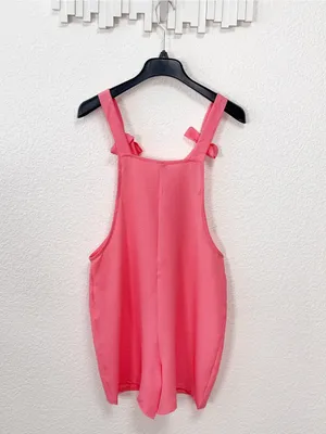 Miss Sparkling Coral Pink Tie Strap Pocket Overall Romper Shorts thumbnail 3