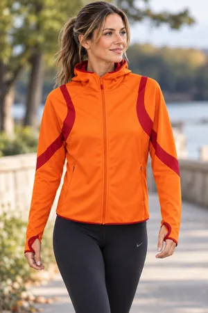 Nike Therma-FIT Womens M Orange Red Full Zip Hooded Running Jacket Thumbholes thumbnail 1