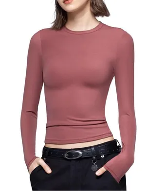 NEW PUMIEY Long Sleeve Crew Neck Slim Fit Basic Tee S Marsala 75% polyamide, 25% thumbnail 1