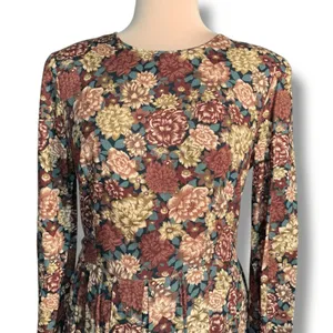 Vintage Brown Floral Midi Dress Long Sleeve Rayon Boho 90s‎ Grunge Size 10 Boho thumbnail 2