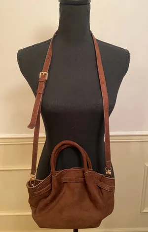 Chic Brown Faux Suede Crossbody Bag Gold Accents Minimalist Top Handle Satchel thumbnail 1