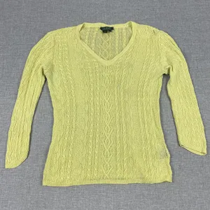 Lauren Ralph Lauren Sweater Womens M Yellow V-Neck Linen‎ Cable-Knit Pullover thumbnail 1
