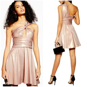 NWT TOPSHOP One Shoulder Cocktail Metallic Foil Mini Dress Gold Pink Size 2 thumbnail 2