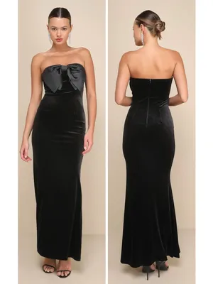 Lulus Dramatic Stunner Black Velvet Bow Strapless Maxi Dress Size XXL old money thumbnail 2