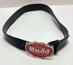 Vtg MUDD Rhinestone Spellout Belt Black Leather Red Enamel Big Statement Buckle thumbnail 1