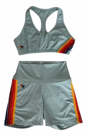 Aviator Nation 5 Stripe 4" High Rise Biker Shorts & Sports Bra Mist Women's Sm thumbnail 1