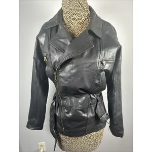 Boutique Europa Womens Leather Jacket Coat Black Moto‎ Biker Zip Belt 90s thumbnail 11