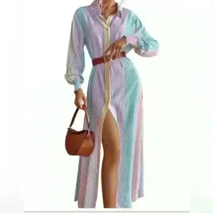 New Striped button down ladies Size large maxi curved hem dress thumbnail 2