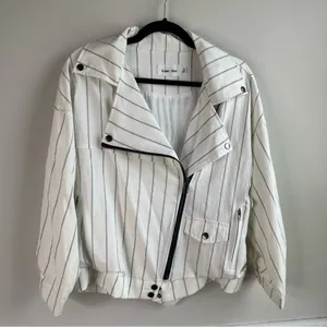 Anthropologie Line and dot white striped‎ moto zip up jacket size medium thumbnail 2