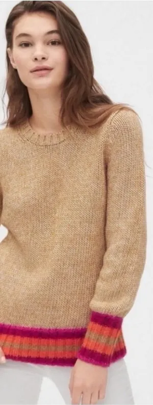 GAP Tan Crewneck Sweater with Pink & Orange Trim thumbnail 1