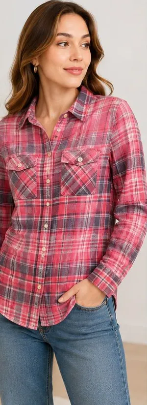 Aeropostale Women's Medium Pink and Coral Plaid Button-Up Shirt thumbnail 1
