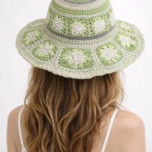 Steve Madden Crochet Granny Square Sun Hat Green Floral Boho Bucket Summer Hat thumbnail 2