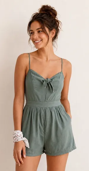 Aerie Sage‎ Green Tie Front Smocked Back Gauze Romper Small 1407-2818-82 thumbnail 1