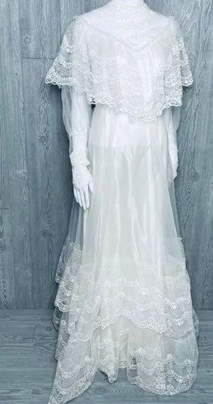 Vintage 1950s lace high neck wedding dress cottage core / boho ruffle tiered lac thumbnail 1